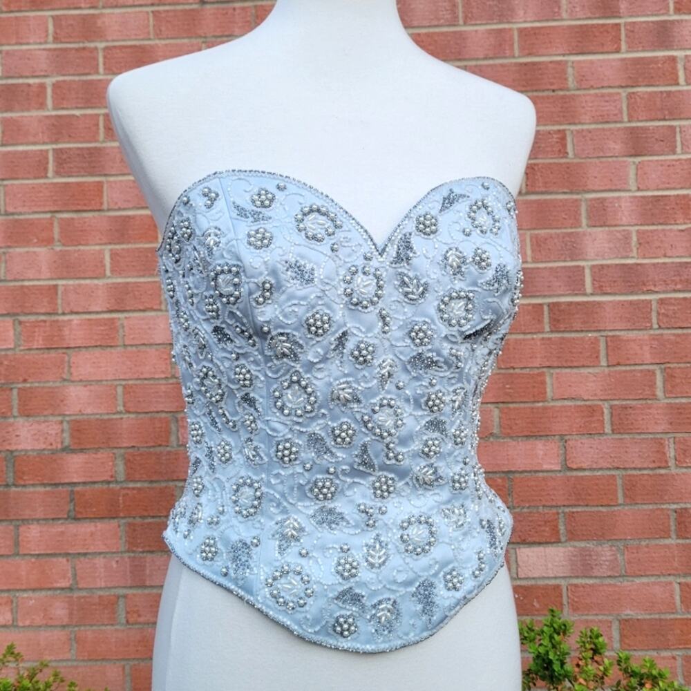 Oleg Cassini Light Blue Beaded Strapless Bustier Top